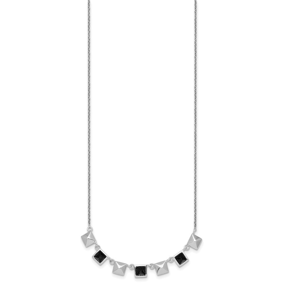 Sterling Silver RH-plated Polished Squares Black CZ 17.75in Necklace