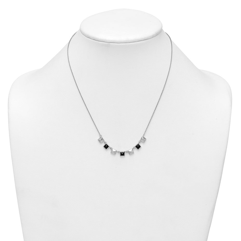 Sterling Silver RH-plated Polished Squares Black CZ 17.75in Necklace
