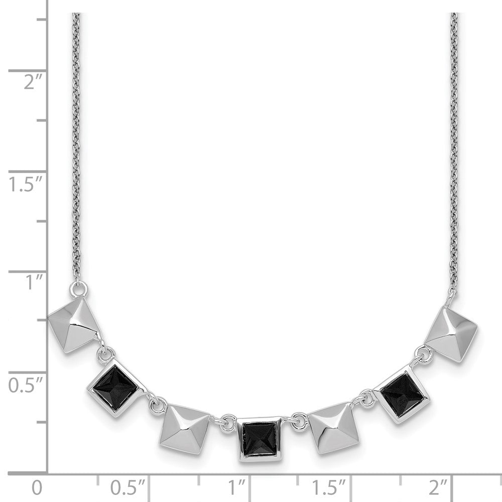 Sterling Silver RH-plated Polished Squares Black CZ 17.75in Necklace