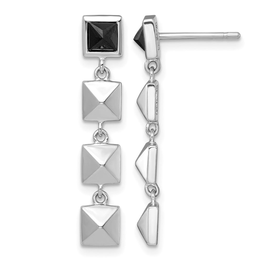 SS RH-plated Polished Squares Black CZ Post Dangle Earrings