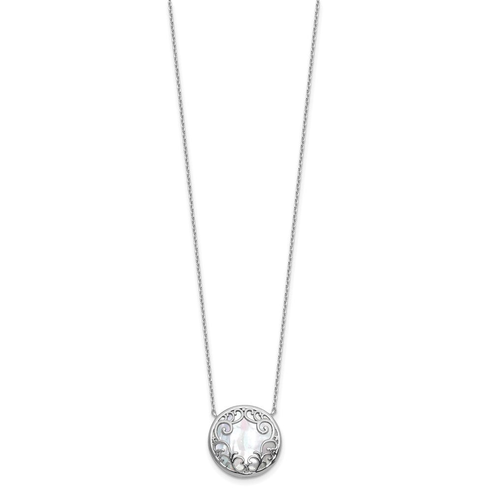 Sterling Silver RH-plated Filigree MOP Circle 16in w/2in Ext Necklace