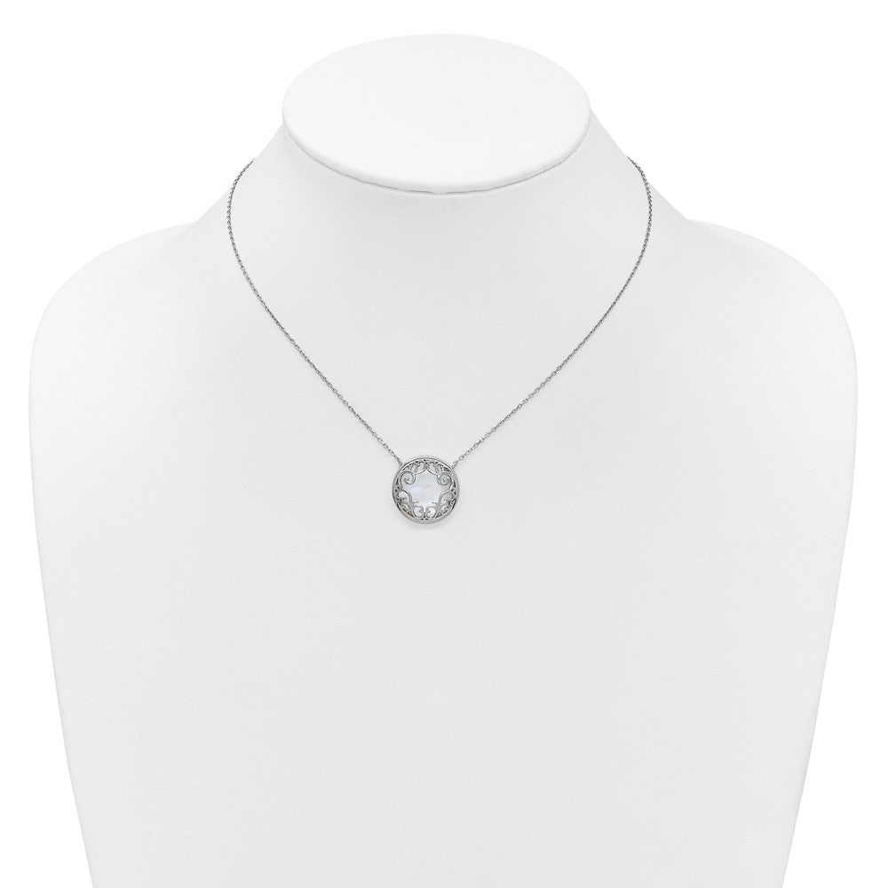 Sterling Silver RH-plated Filigree MOP Circle 16in w/2in Ext Necklace