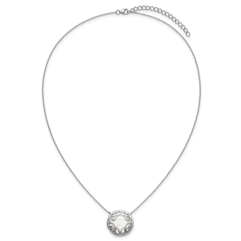 Sterling Silver RH-plated Filigree MOP Circle 16in w/2in Ext Necklace
