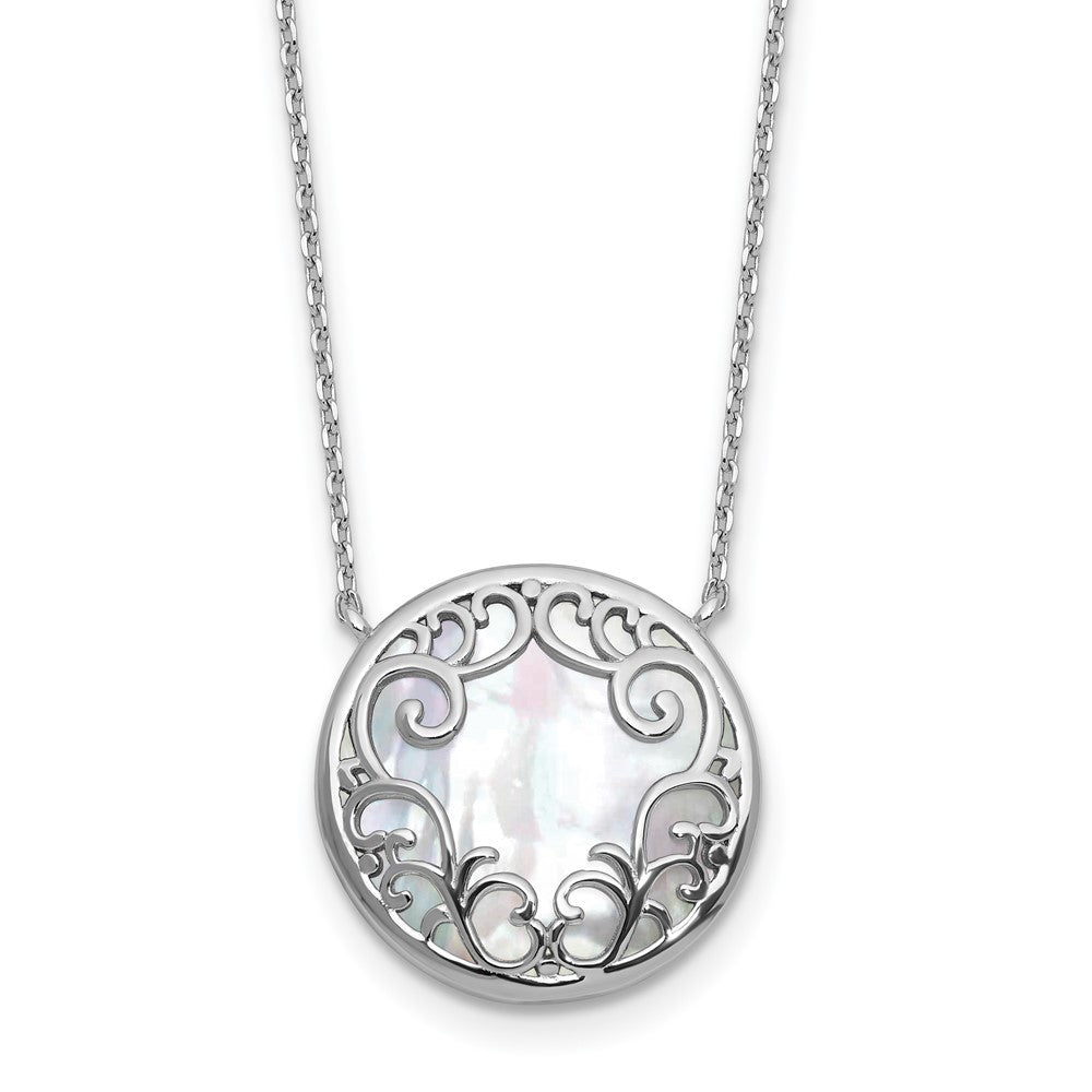 Sterling Silver RH-plated Filigree MOP Circle 16in w/2in Ext Necklace