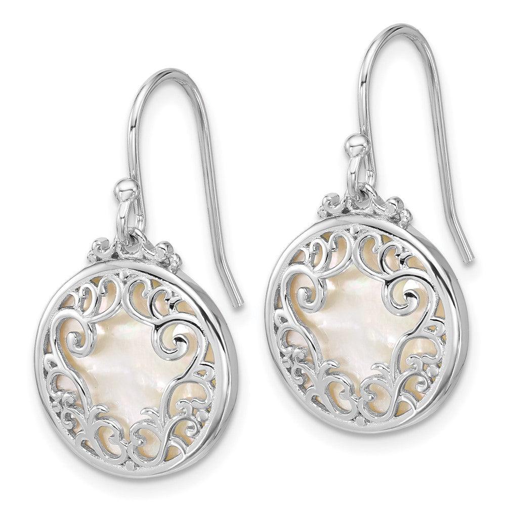 Sterling Silver RH-plated Filigree Mother of Pearl Circle Dangle Earrings