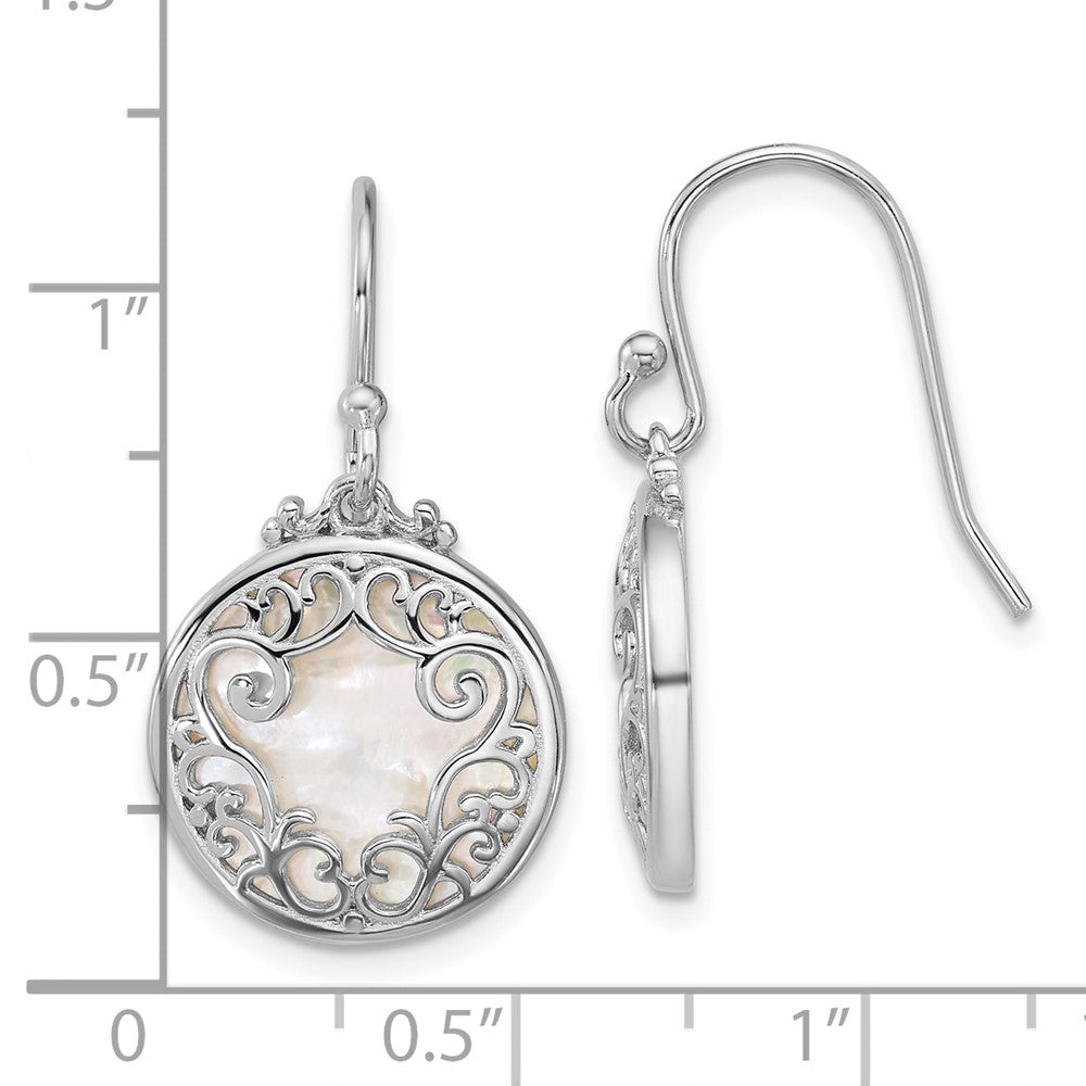 Sterling Silver RH-plated Filigree Mother of Pearl Circle Dangle Earrings