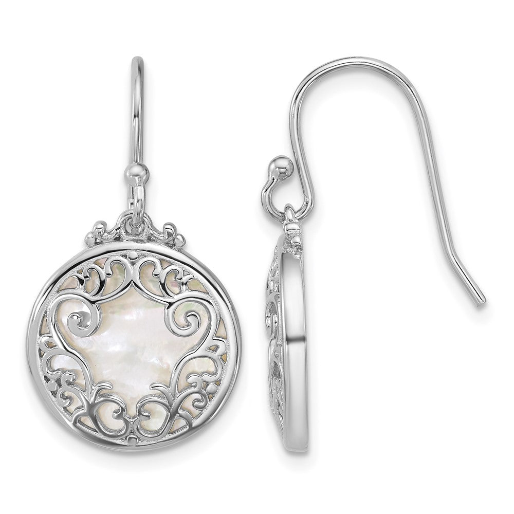 Sterling Silver RH-plated Filigree Mother of Pearl Circle Dangle Earrings