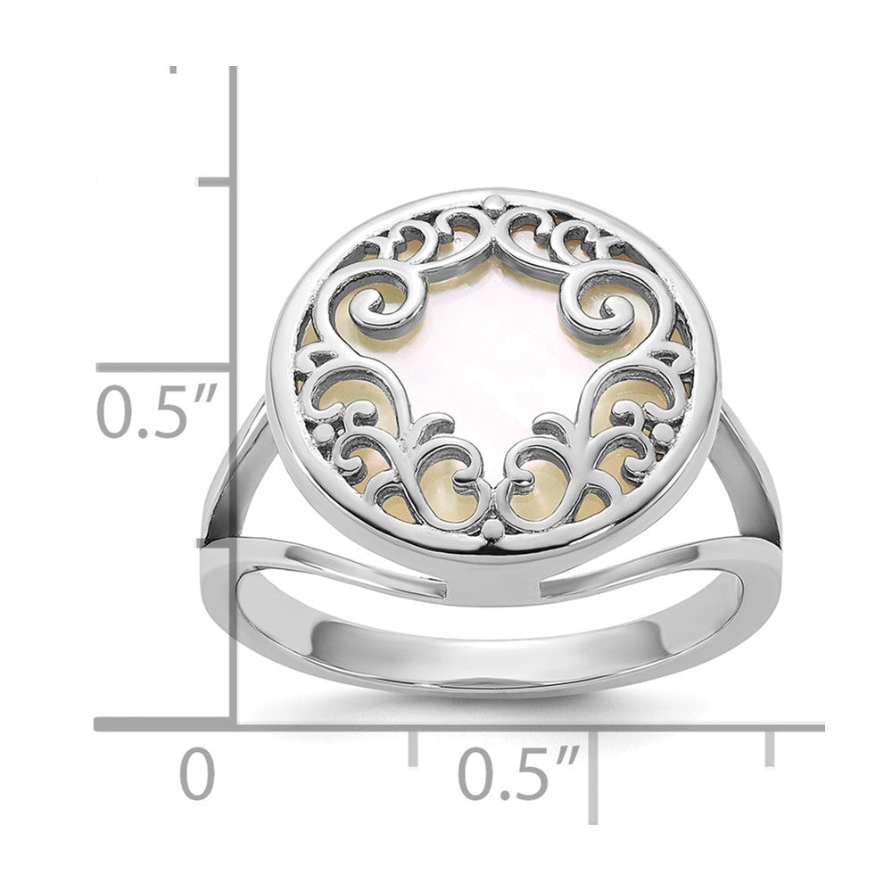 Sterling Silver RH-plated Polished Filigree MOP Circle Ring