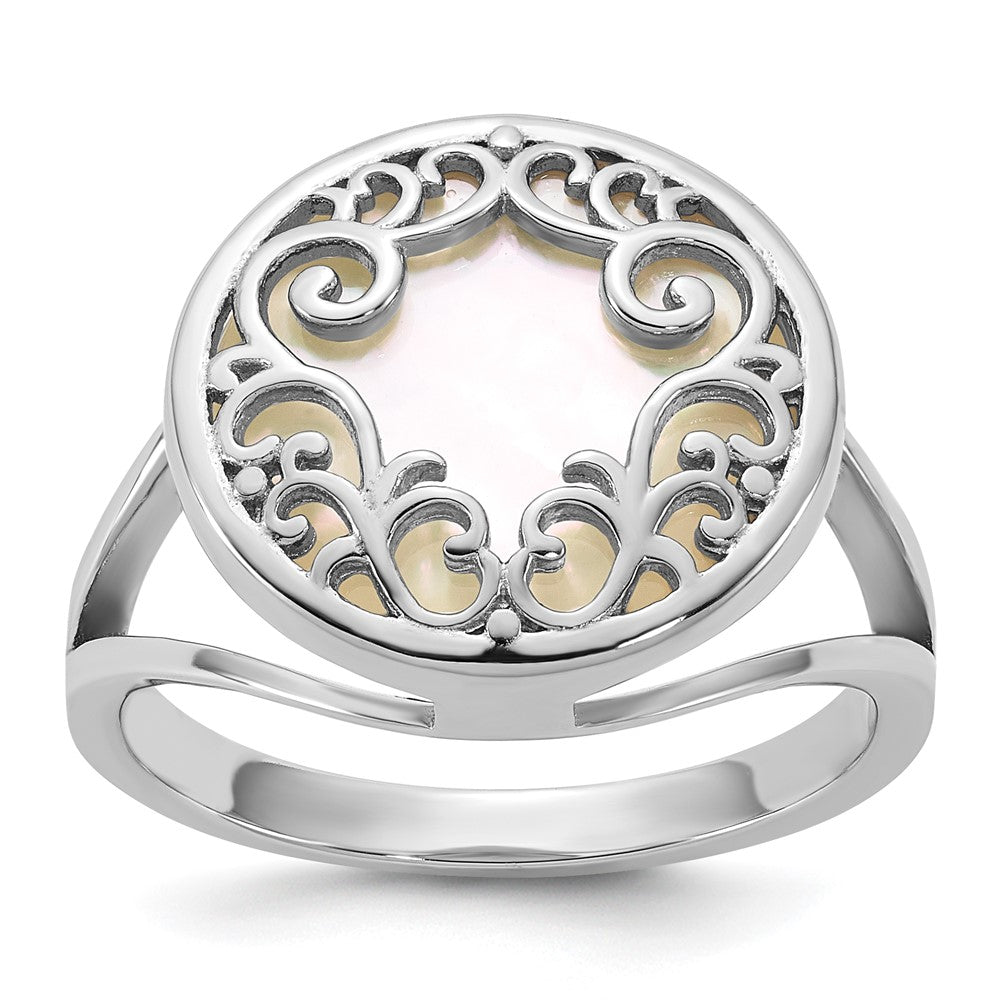 Sterling Silver RH-plated Polished Filigree MOP Circle Ring