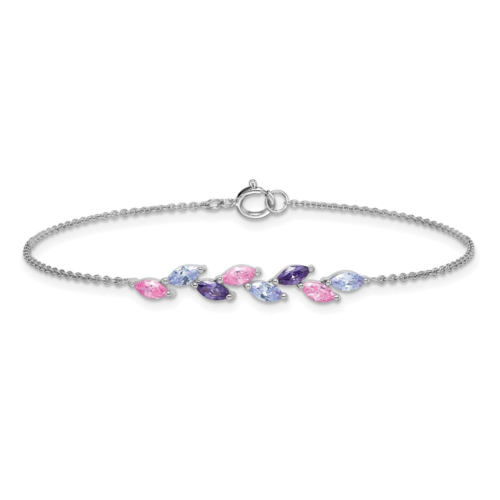 Sterling Silver RH-pltd Polished Fancy Pink & Purple CZ 7in Bracelet