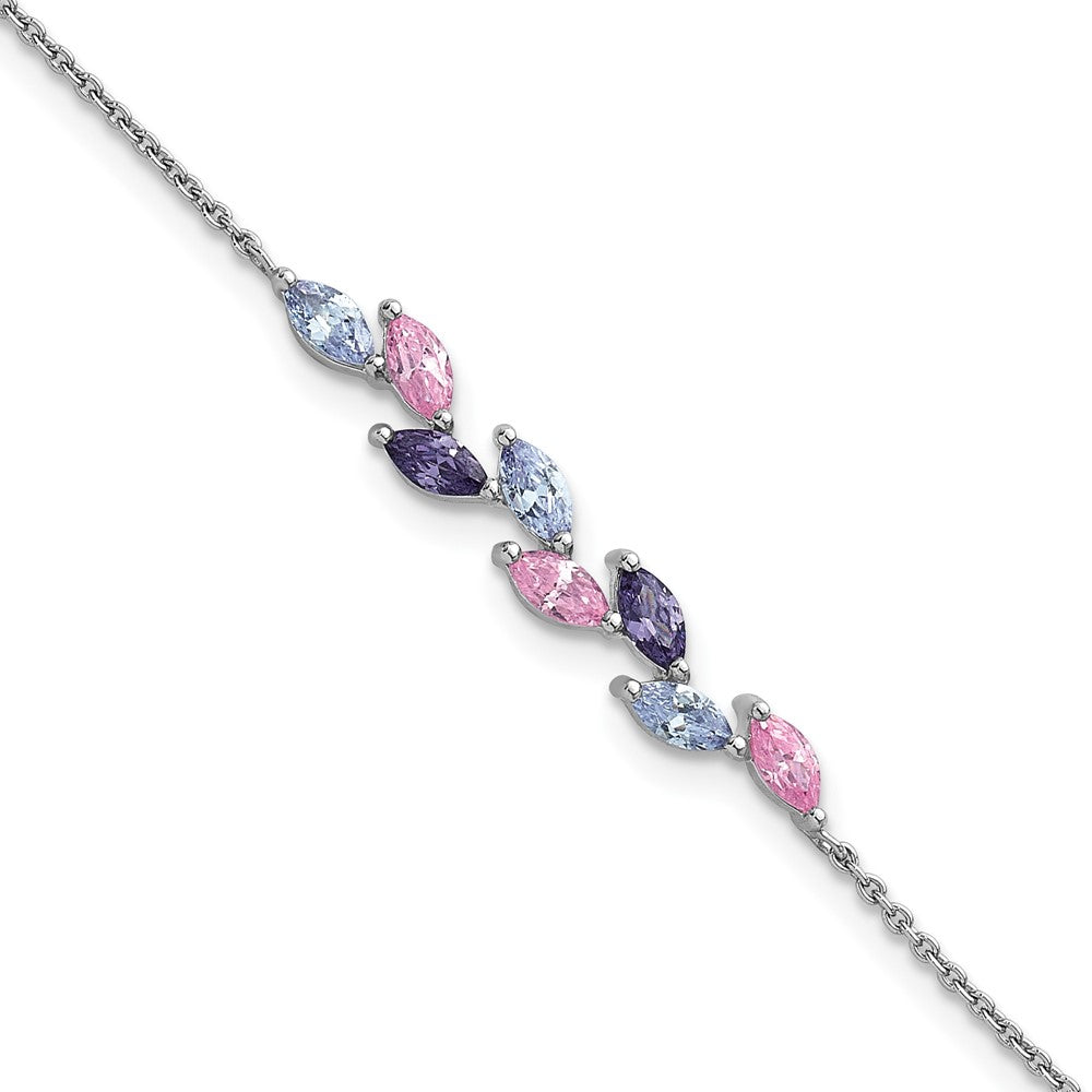 Sterling Silver RH-pltd Polished Fancy Pink & Purple CZ 7in Bracelet