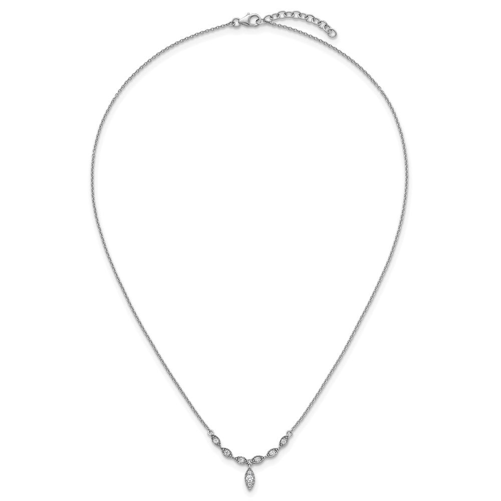 Sterling Silver Rhodium-plated CZ Fancy Drop w/1in ext. Necklace