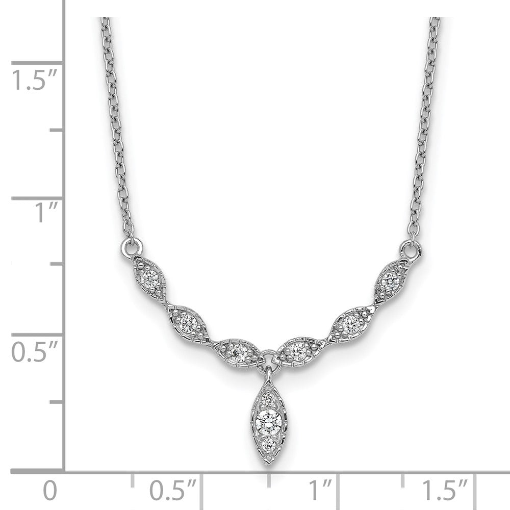 Sterling Silver Rhodium-plated CZ Fancy Drop w/1in ext. Necklace