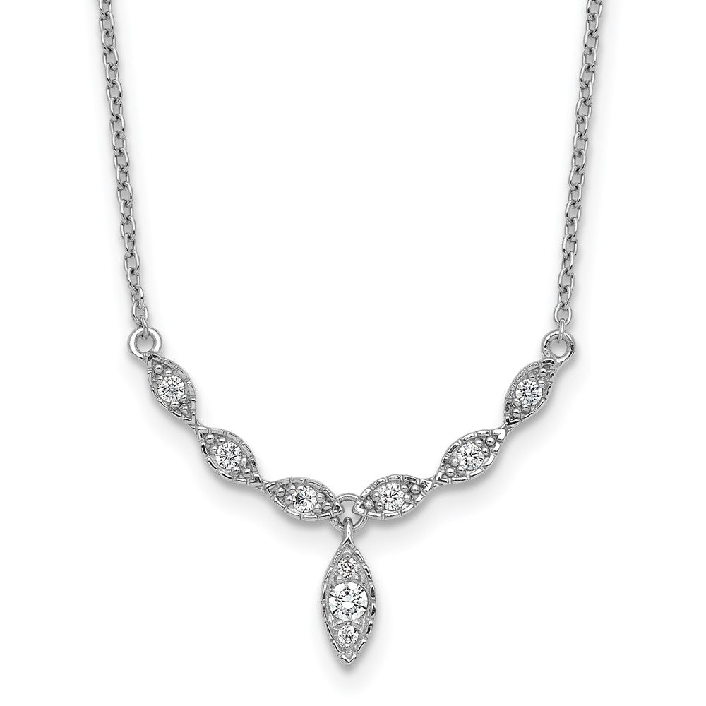 Sterling Silver Rhodium-plated CZ Fancy Drop w/1in ext. Necklace