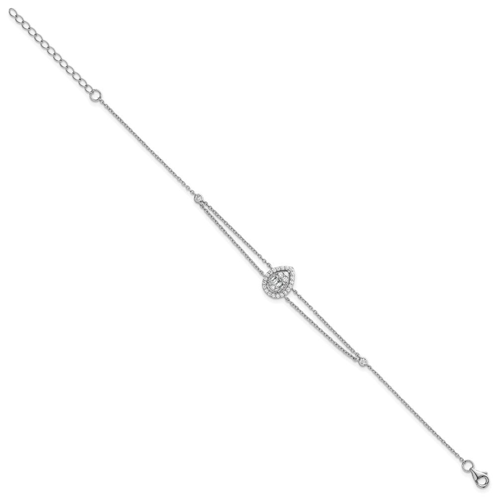 SSilver RH-plated Polished 2-strand CZ Teardrop 7in w/1.5in Ext Bracelet