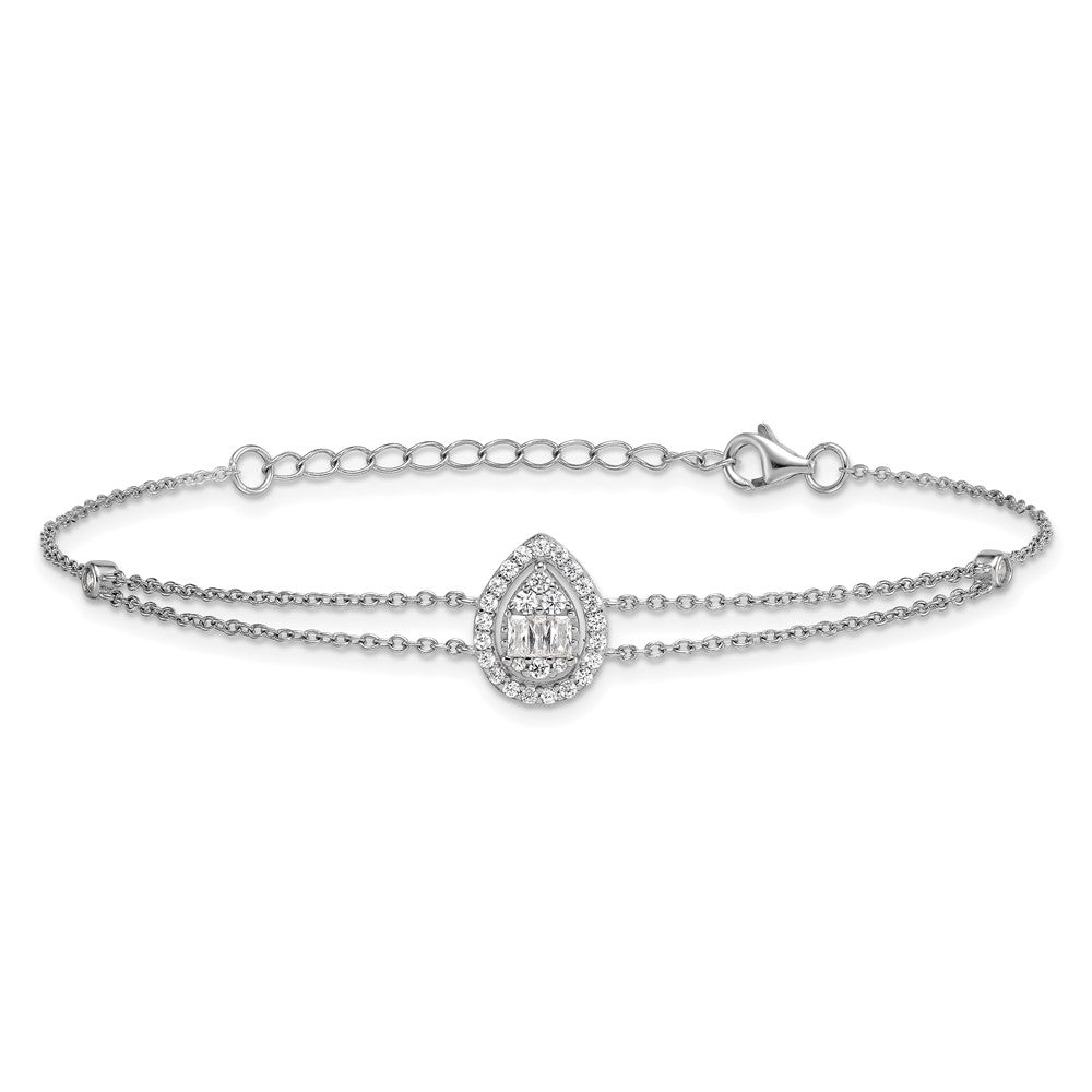 SSilver RH-plated Polished 2-strand CZ Teardrop 7in w/1.5in Ext Bracelet