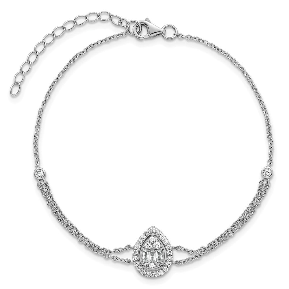 SSilver RH-plated Polished 2-strand CZ Teardrop 7in w/1.5in Ext Bracelet