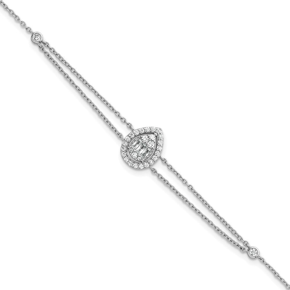 SSilver RH-plated Polished 2-strand CZ Teardrop 7in w/1.5in Ext Bracelet
