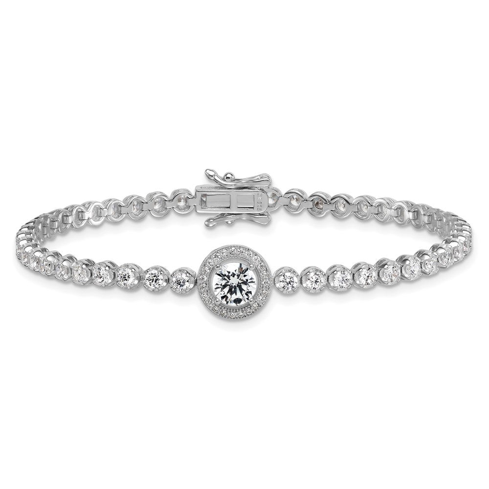 Sterling Silver RH-plated Polished Round CZ Halo 7.25in Bracelet