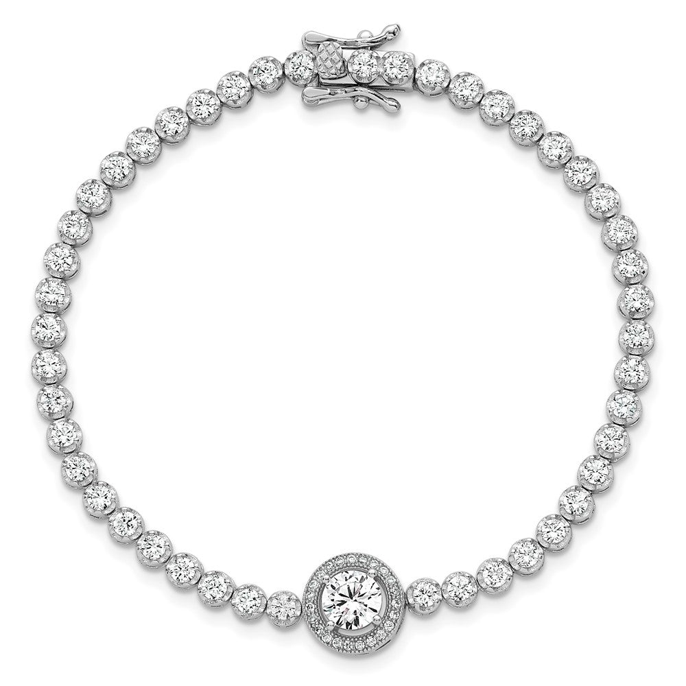 Sterling Silver RH-plated Polished Round CZ Halo 7.25in Bracelet