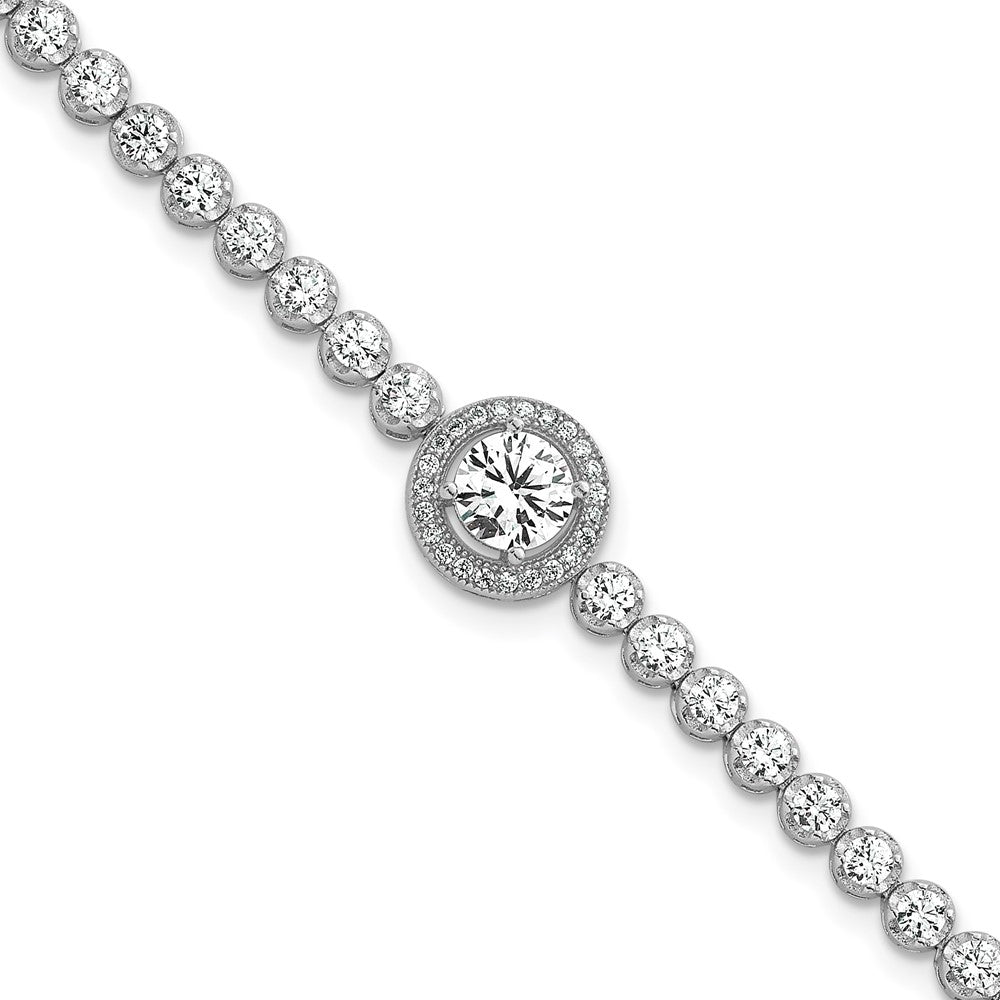 Sterling Silver RH-plated Polished Round CZ Halo 7.25in Bracelet
