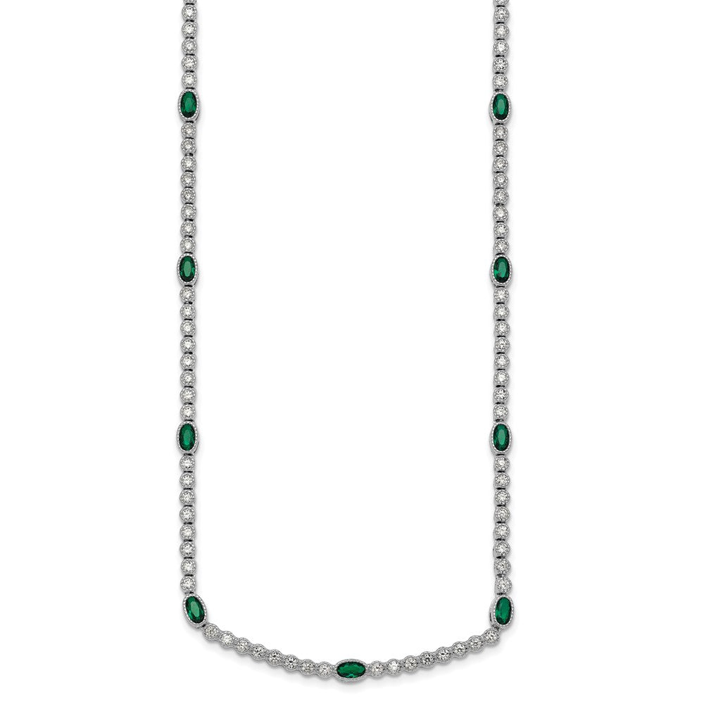 Sterling Silver RH-plated Polished Green and White CZ Necklace