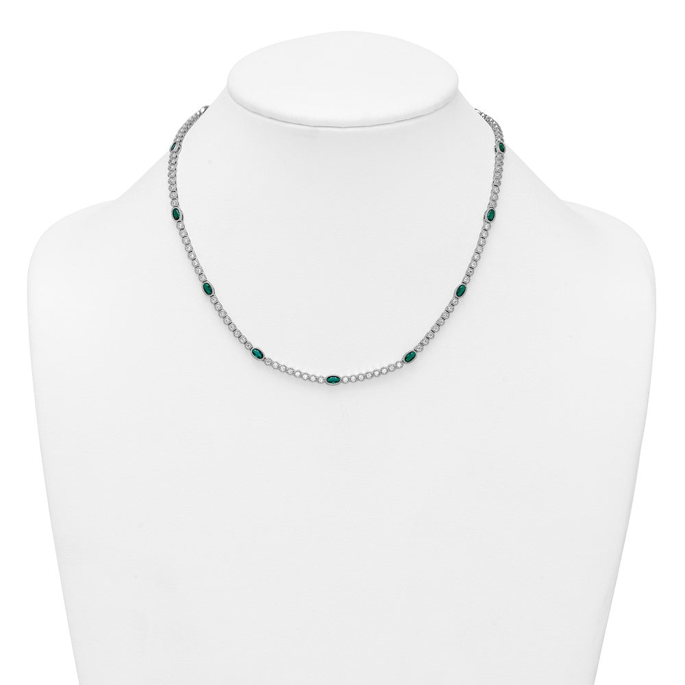 Sterling Silver RH-plated Polished Green and White CZ Necklace