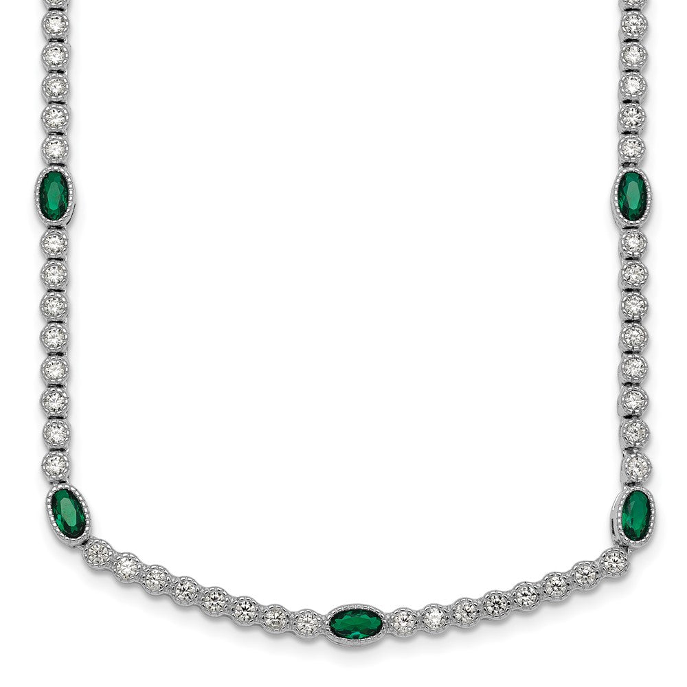 Sterling Silver RH-plated Polished Green and White CZ Necklace