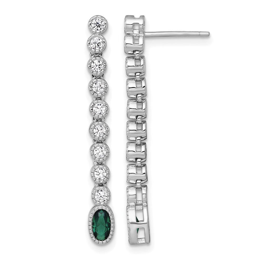 Sterling Silver RH-plated Polished Green/White CZ Post Dangle Earrings