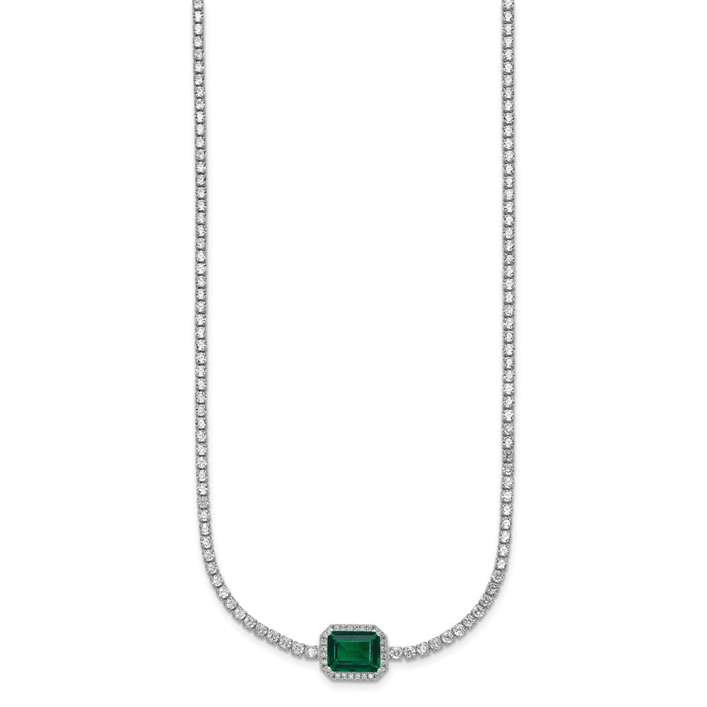 Sterling Silver RH-plated Green and White CZ 16in w/ 2in Ext Tennis Necklac