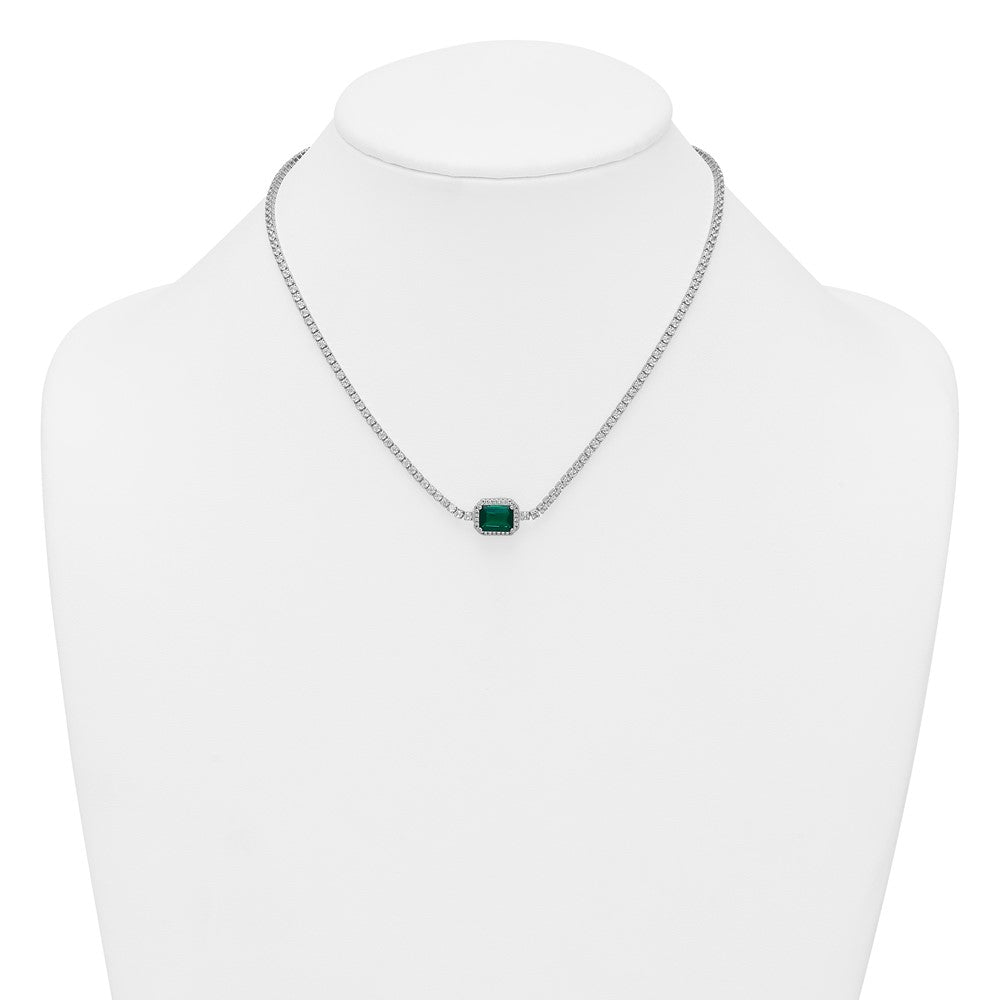 Sterling Silver RH-plated Green and White CZ 16in w/ 2in Ext Tennis Necklac