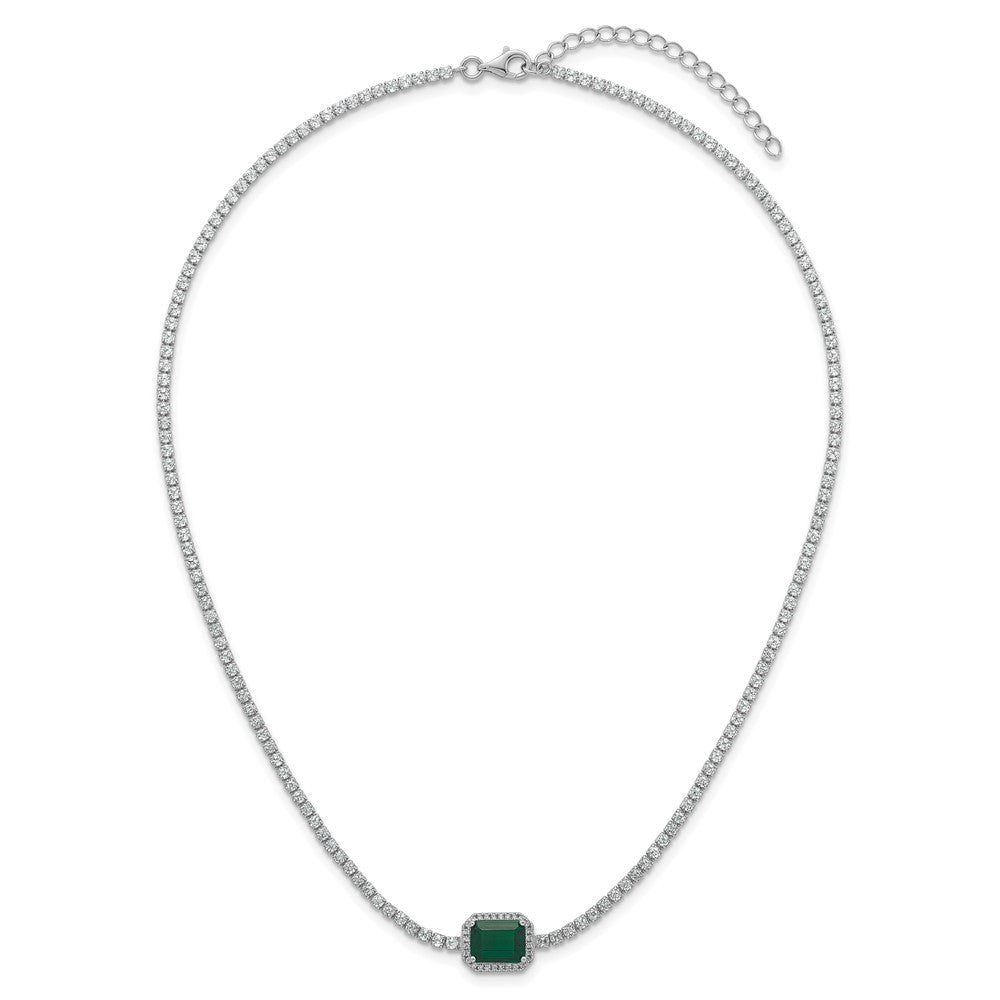 Sterling Silver RH-plated Green and White CZ 16in w/ 2in Ext Tennis Necklac