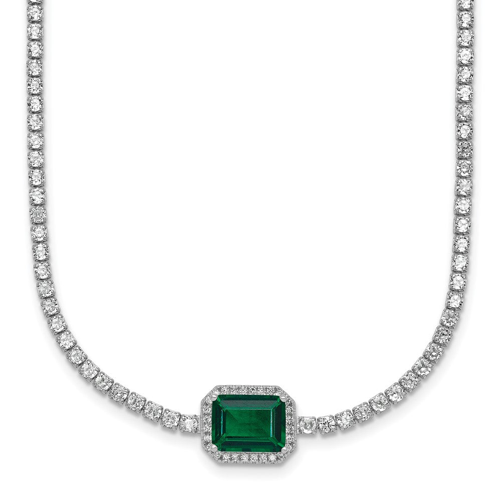 Sterling Silver RH-plated Green and White CZ 16in w/ 2in Ext Tennis Necklac