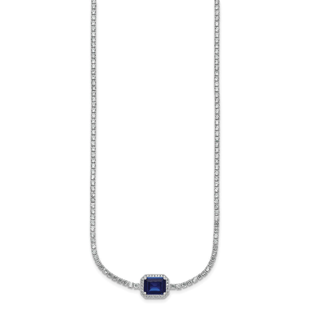 Sterling Silver RH-plated Blue and White CZ 16in w/ 2in Ext Tennis Necklace