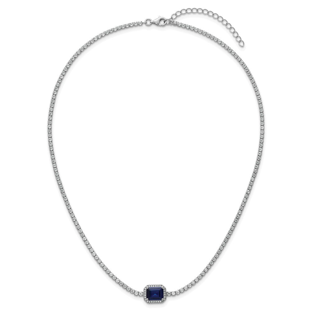 Sterling Silver RH-plated Blue and White CZ 16in w/ 2in Ext Tennis Necklace