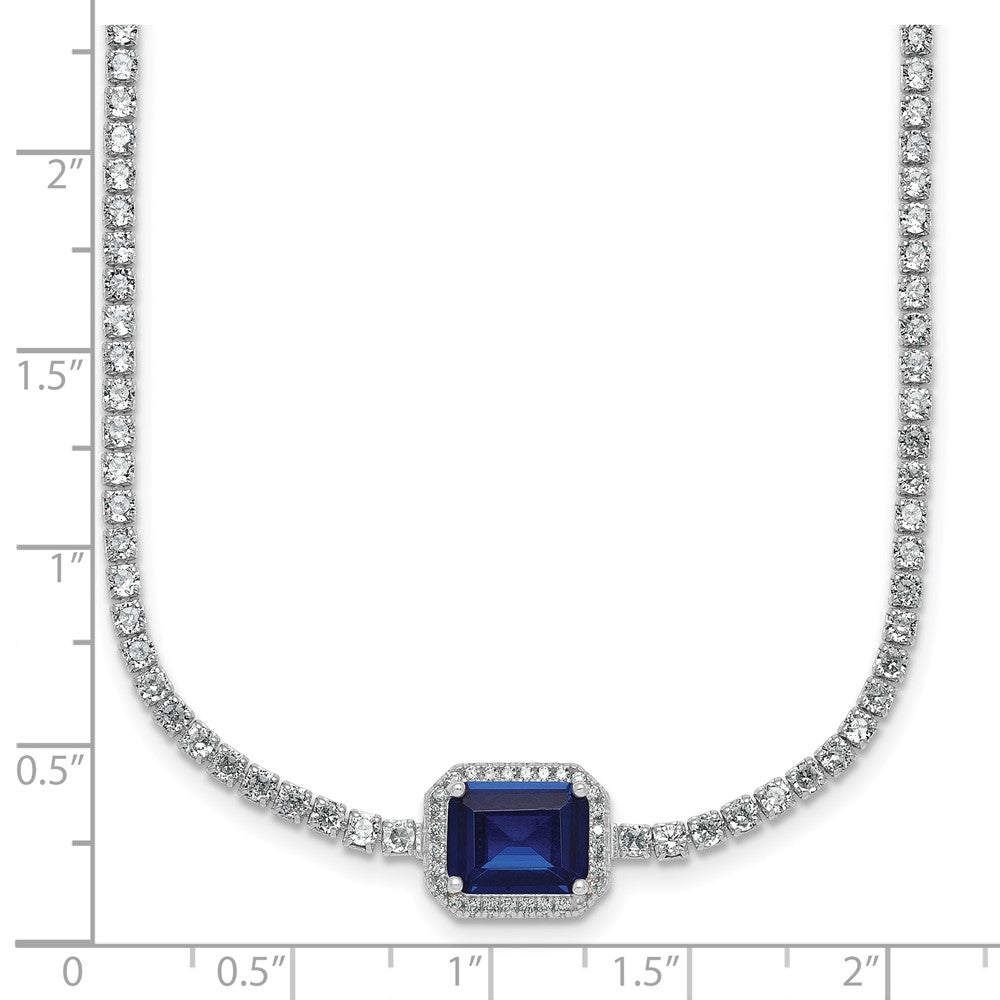 Sterling Silver RH-plated Blue and White CZ 16in w/ 2in Ext Tennis Necklace
