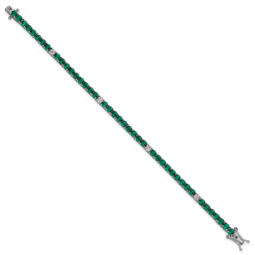Sterling Silver RH-plated Polished Green and White CZ 7in Tennis Bracelet
