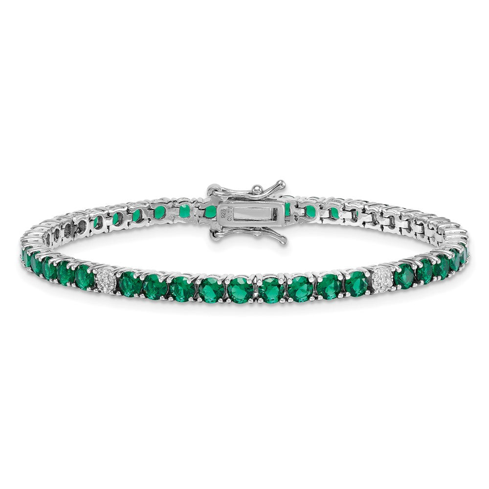 Sterling Silver RH-plated Polished Green and White CZ 7in Tennis Bracelet