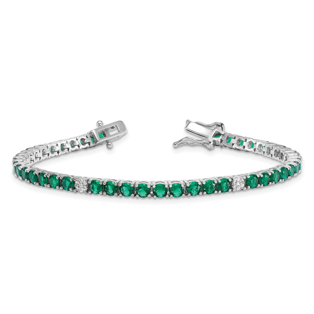 Sterling Silver RH-plated Polished Green and White CZ 7in Tennis Bracelet