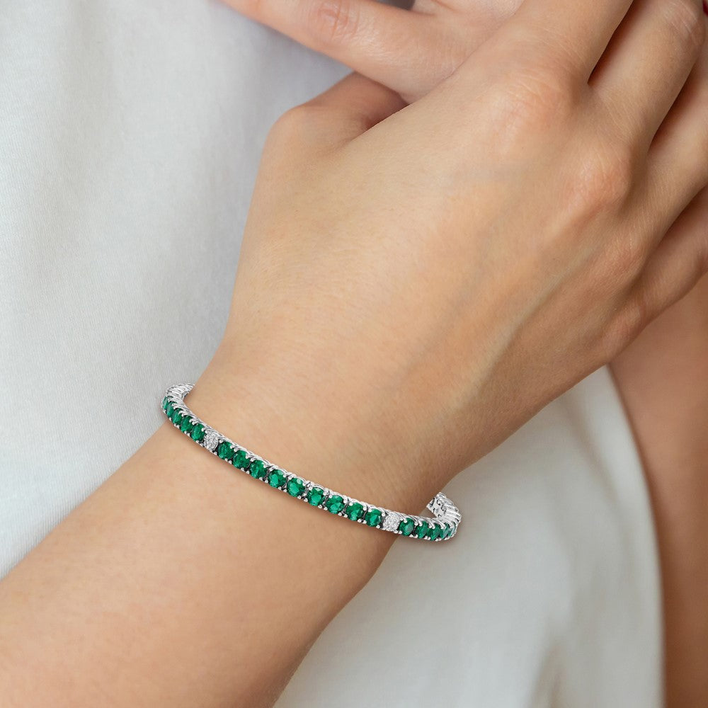 Sterling Silver RH-plated Polished Green and White CZ 7in Tennis Bracelet