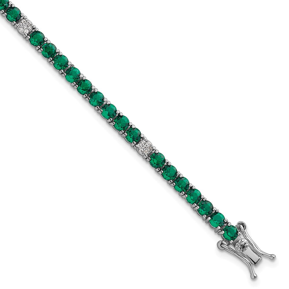 Sterling Silver RH-plated Polished Green and White CZ 7in Tennis Bracelet