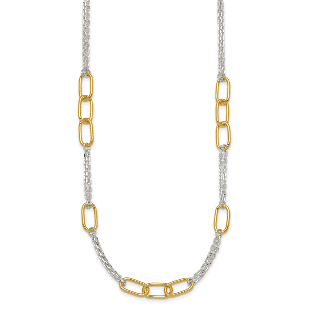 Sterling Silver w/Gold-tone Polished Fancy 2-Strand Link Necklace