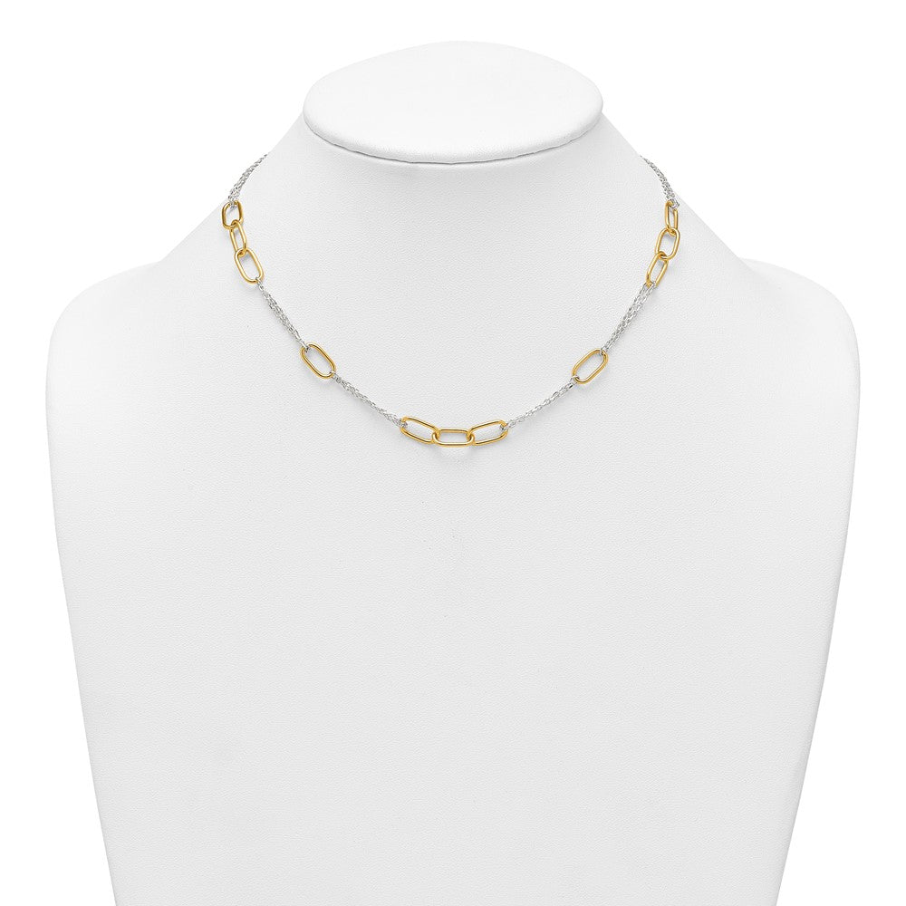 Sterling Silver w/Gold-tone Polished Fancy 2-Strand Link Necklace