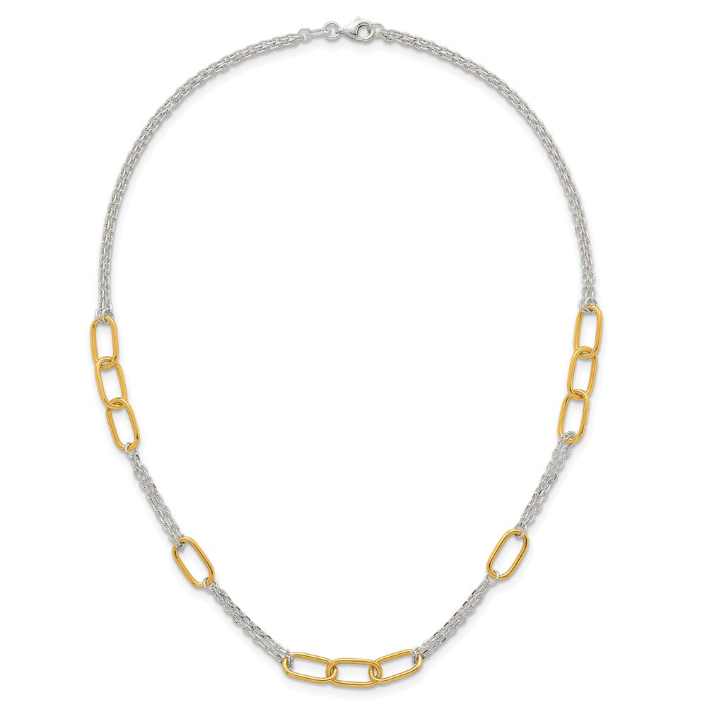 Sterling Silver w/Gold-tone Polished Fancy 2-Strand Link Necklace