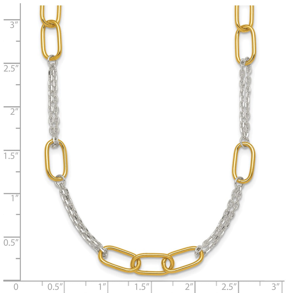 Sterling Silver w/Gold-tone Polished Fancy 2-Strand Link Necklace