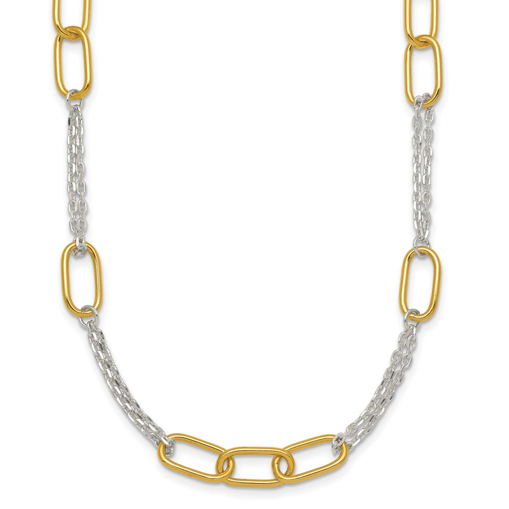 Sterling Silver w/Gold-tone Polished Fancy 2-Strand Link Necklace