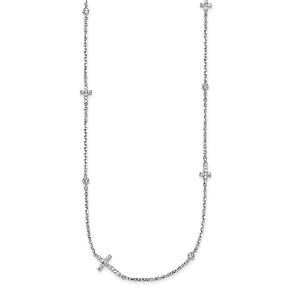 SS Rhodium-plated Polished CZ Crosses 15in w/1.5 in ext. Necklace