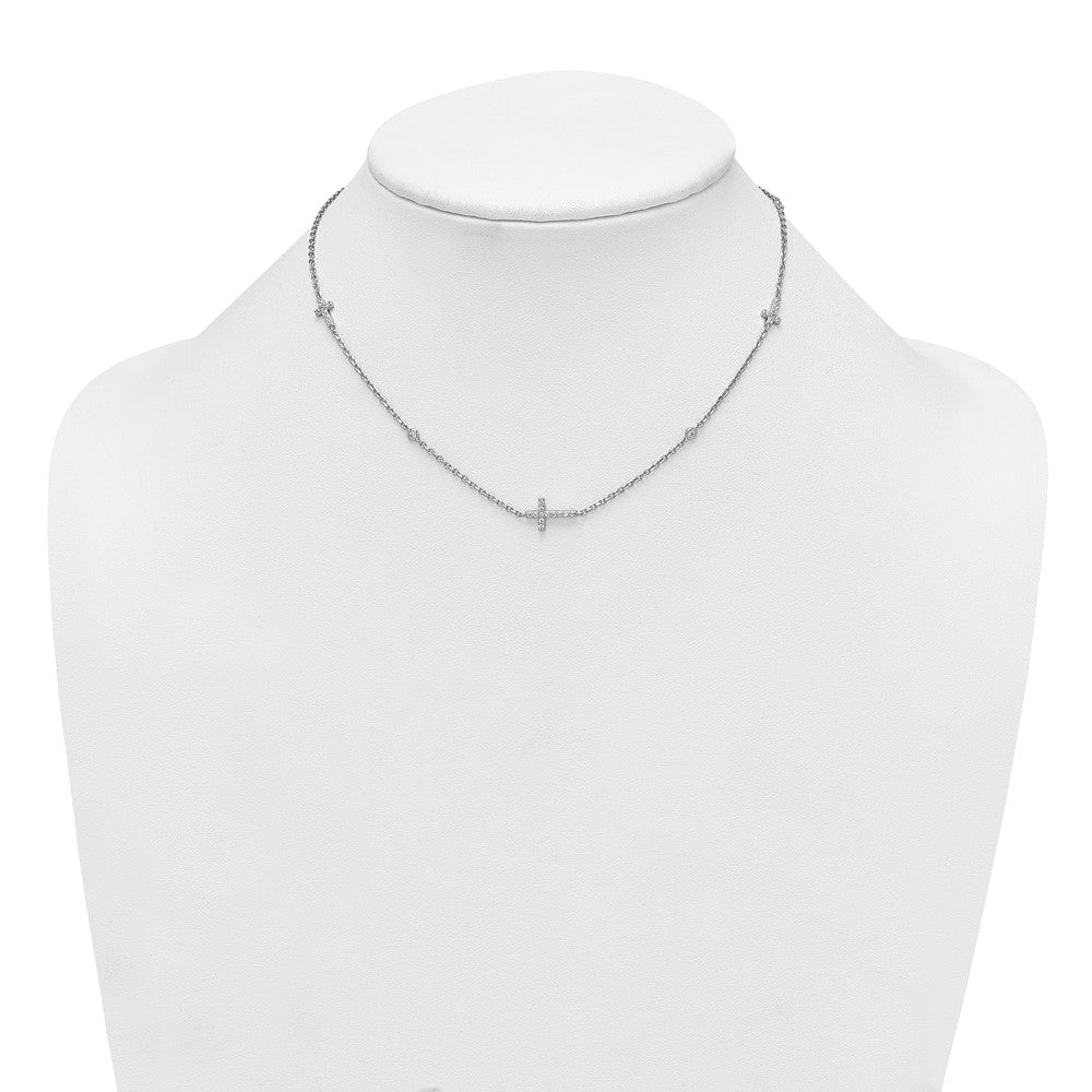 SS Rhodium-plated Polished CZ Crosses 15in w/1.5 in ext. Necklace