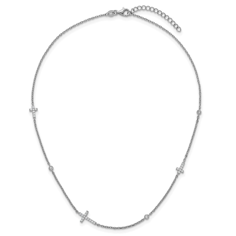 SS Rhodium-plated Polished CZ Crosses 15in w/1.5 in ext. Necklace