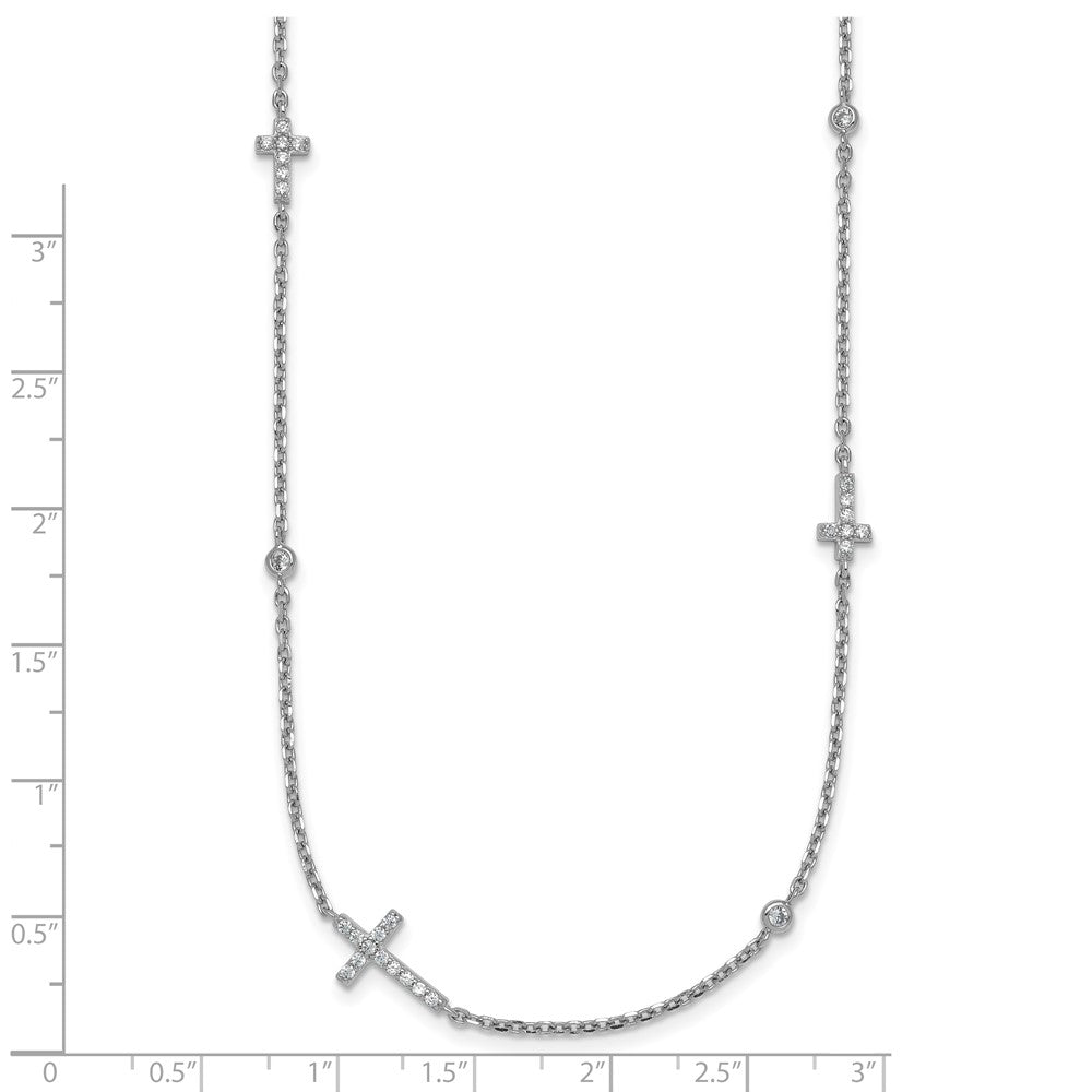 SS Rhodium-plated Polished CZ Crosses 15in w/1.5 in ext. Necklace